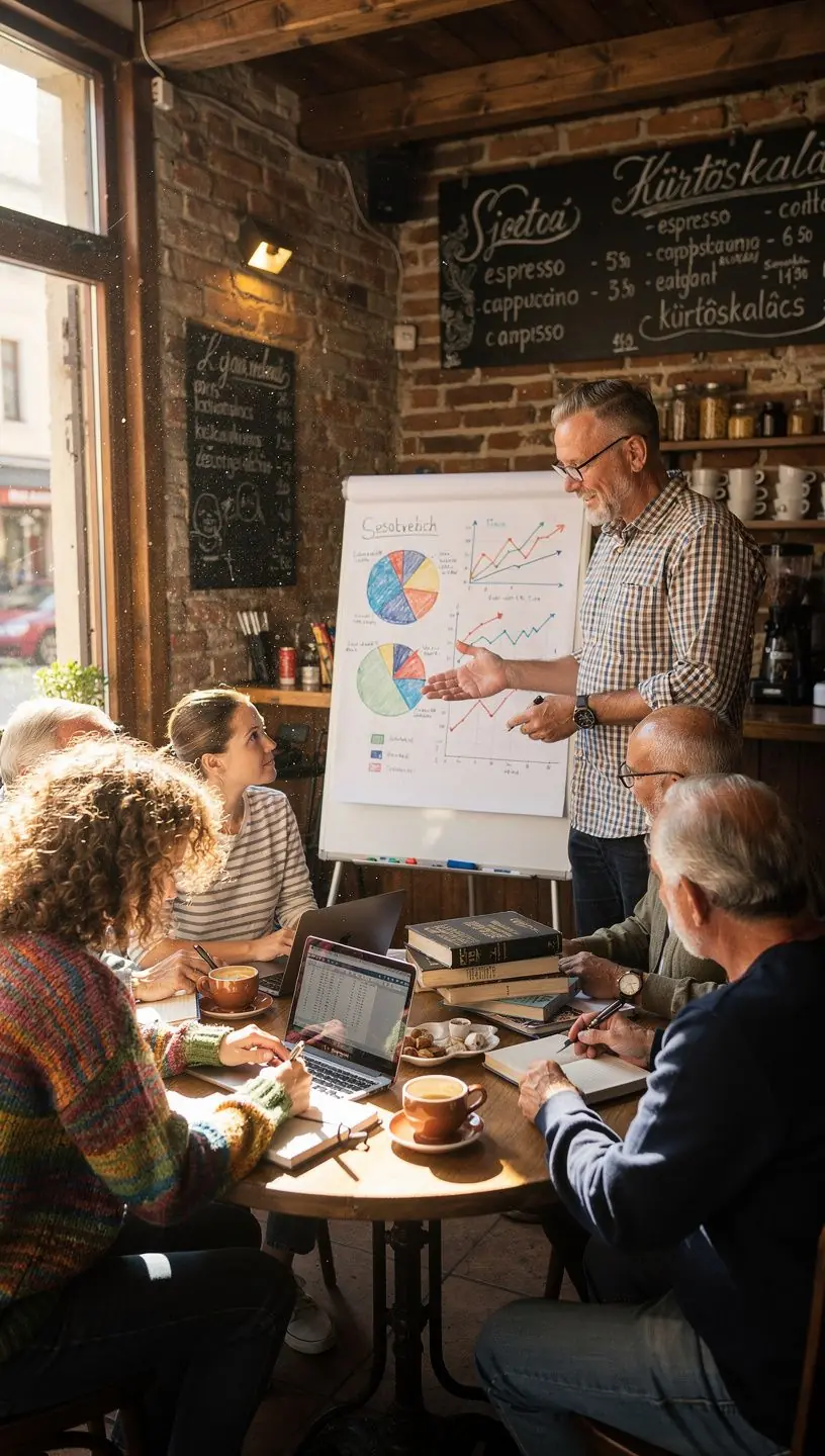 Könyvek és pénzügyi tervezők bemutatása közösségi klubban a személyes pénzügyek alapjairól szóló blog mellett.