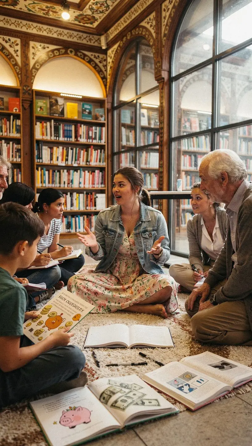 Közösségi klub tagjai együtt tanulnak személyes pénzügyi alapokat oktató bemutatón.